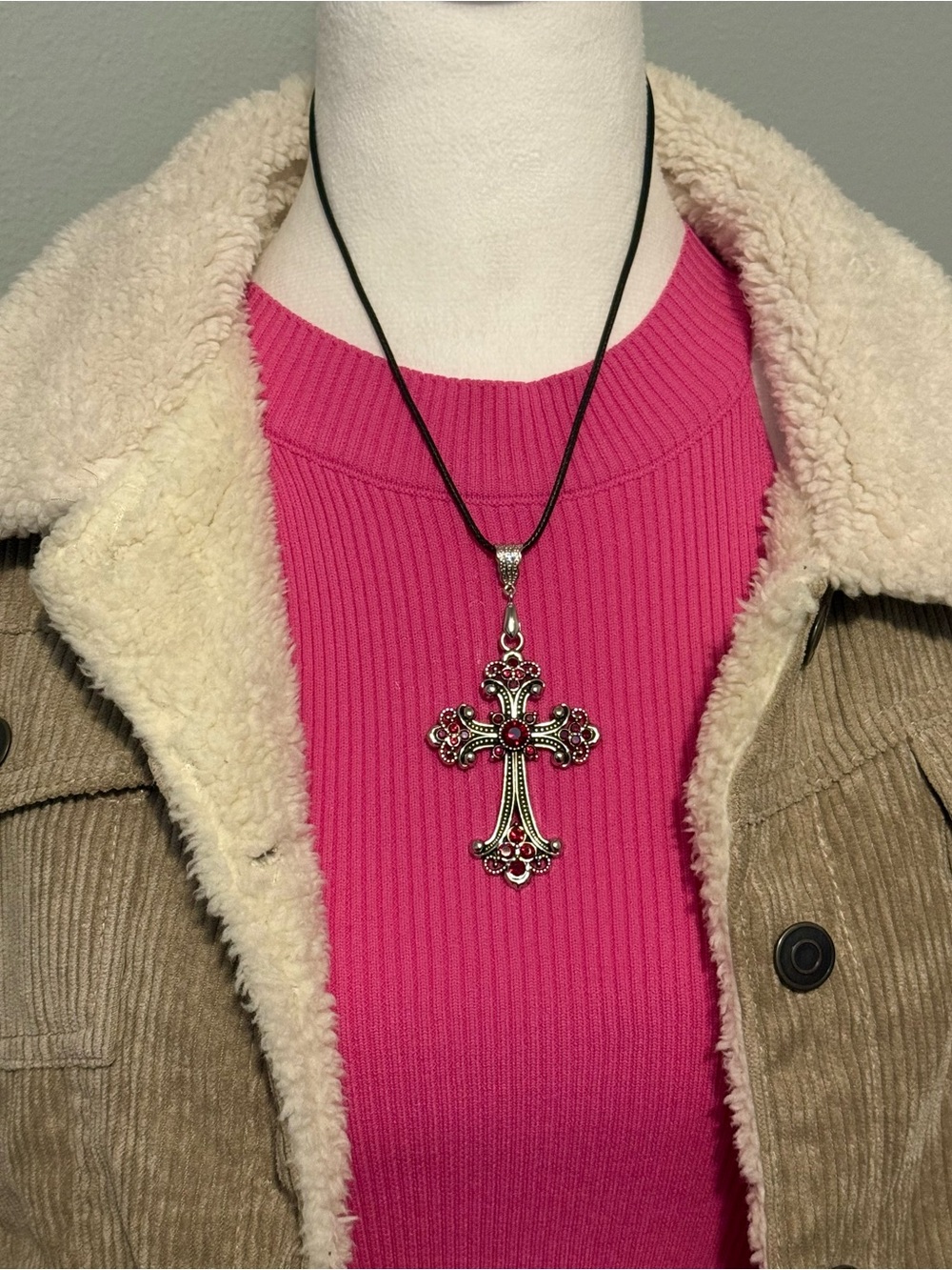 Gothic Cross Pendant on a Black Cord Necklace Victorian Retro Vintage Style